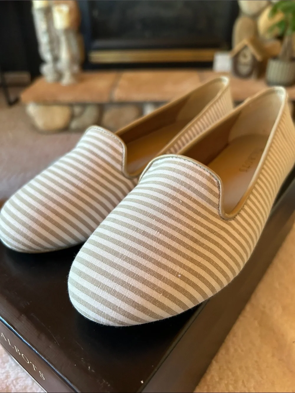 Talbots Zelda Beige and White Striped Slip-On Loafers, Size 6.5 | NWT | 257568